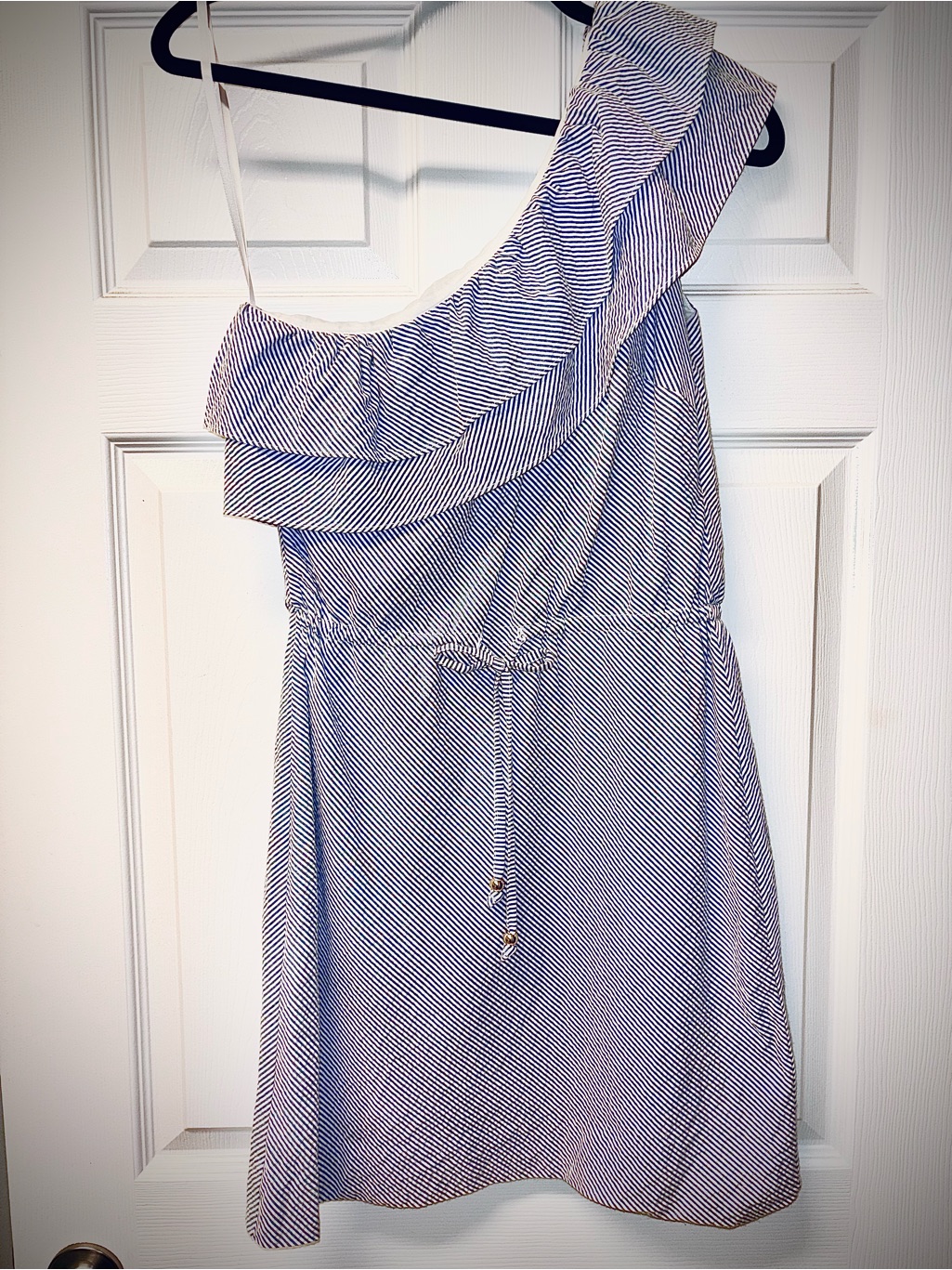 Women’s One-Shoulder Ruffled Dress In Light Blue Stripes